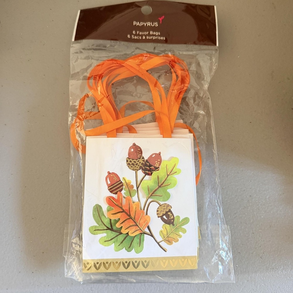 Papyrus Fall Favor Bags Set Of 6 Acorn Leaf Orange Ribbon‎ Party Gift 3.25"x4"